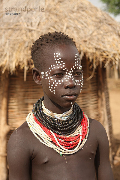Portrait , Tradition , Junge - Person , Halskette,  Kette , Ethnisches Erscheinungsbild , Gesichtsbemalung , Afrika , Äthiopien , Collier , durchbohren , Volksstamm,  Stamm