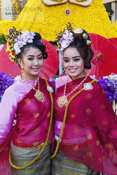 Frau, Blume, fließen, Mädchen, Festival, Asien, Chiang Mai, Parade, Thailand