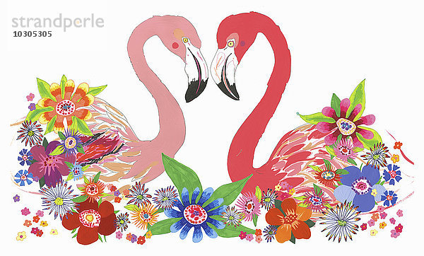 Zwei Flamingos schauen sich an umgeben von Blumen