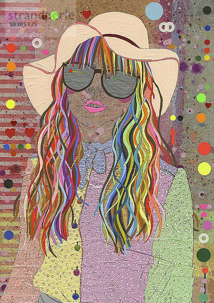 Junge Frau mit buntem Haar trägt Sonnenbrille und Sommerhut