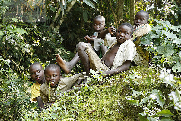 Kinder,  Jungen sitzen im Urwald,  Matamba-Solo,  Provinz Bandundu,  Republik Kongo