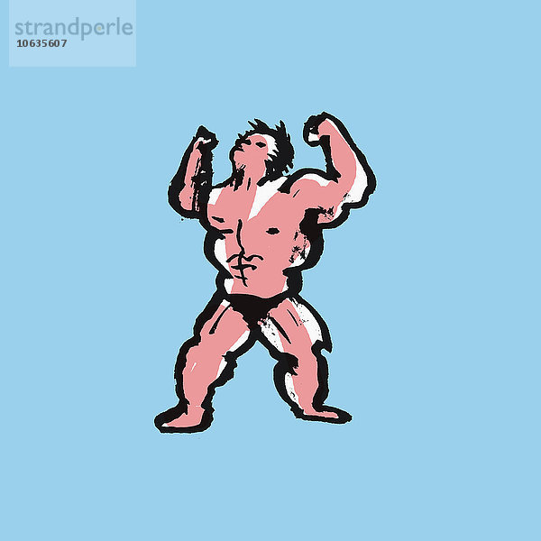 Abbildung eines Mannes,  der seine Muskeln vor blauem Hintergrund beugt.