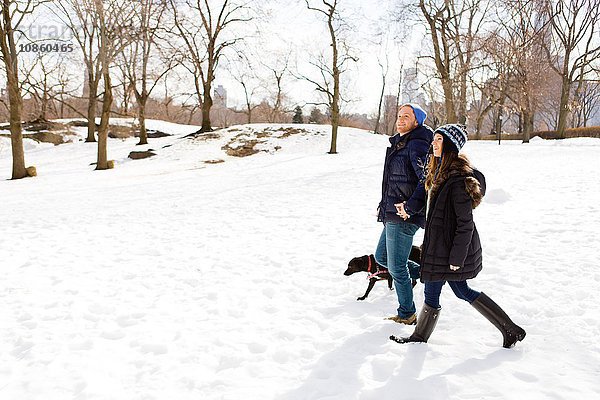 Junges Paar spaziert mit Hund im Schnee herum,  Central Park,  New York,  USA