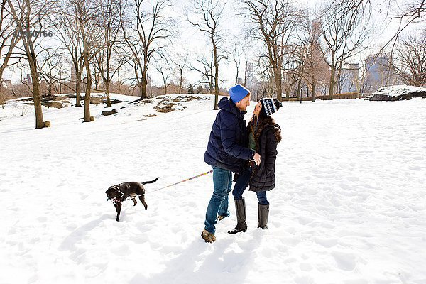Romantisches junges Paar steht zusammen mit Hund im Schnee,  Central Park,  New York,  USA