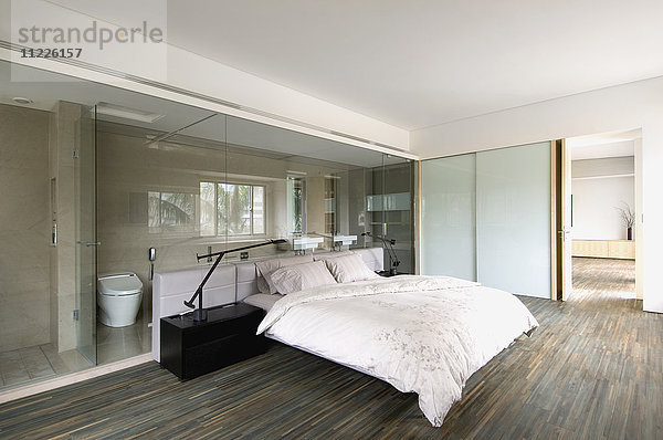 Modernes Schlafzimmer mit Glaswand zum Bad