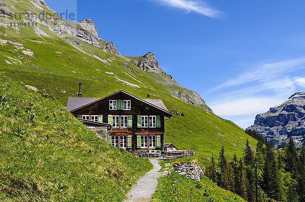 Alp und Restaurant Obersteinberg im Lauterbrunnental,  Berner Oberland,  Schweiz. Über dem Dach die Berge Spitzhorn und Tanzbödeli (rechts).