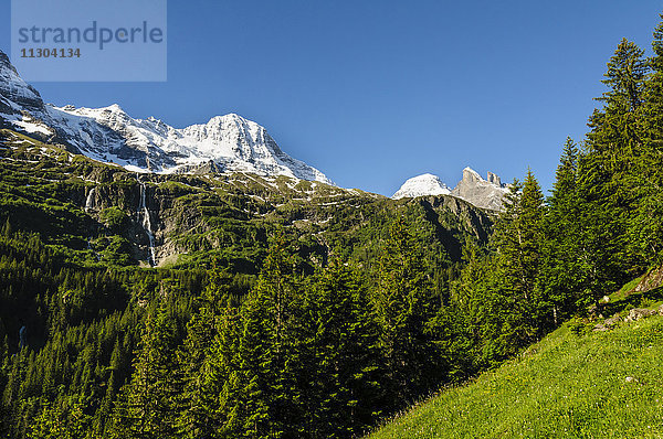 Das Breithorn (oder Lauterbrunner Breithorn) und die Wasserfälle der Schmadribach im Lauterbrunnental,  Berner Oberland,  Schweiz. Rechts davon Tschingelhorn,  Wätterhoren und Chanzel.