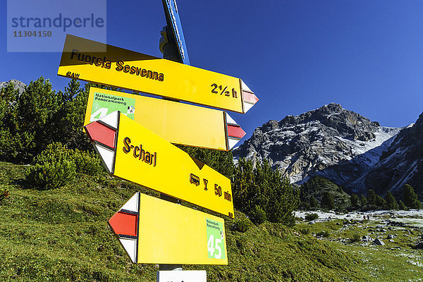 Wegweiser im Tal Val Sesvenna,  Unterengadin,  Schweiz. Im Hintergrund der Berg Piz d'Immez.