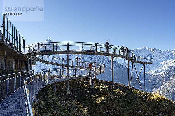 Gipfelweg und Aussichtsplattform mit dem Namen First Cliff Walk auf dem Gipfel des First oberhalb von Grindelwald,  Berner Oberland,  Schweiz. Links der Berg Schreckhorn,  rechts das Grosse Fiescherhorn.