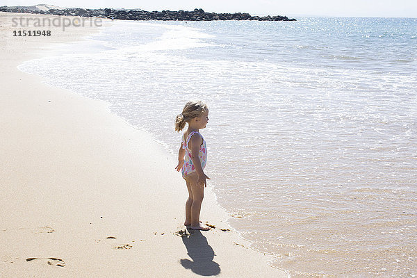 Kleines Mädchen,  das auf das Meer starrt.