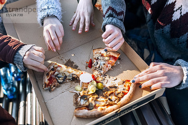 Vier Freunde essen Pizza im Freien,  Teilansicht