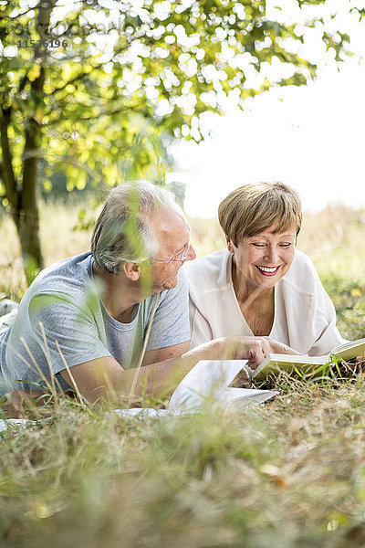 Glückliches Seniorenpaar mit Buch auf der Wiese liegend
