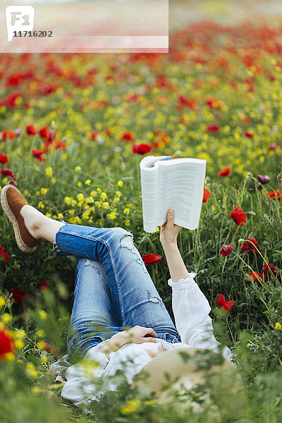 Frau,  die auf einem Feld liegt und ein Buch liest.