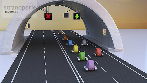 3D Rendering,  Autos folgen dem grünen Pfeil unter dem Tunnel