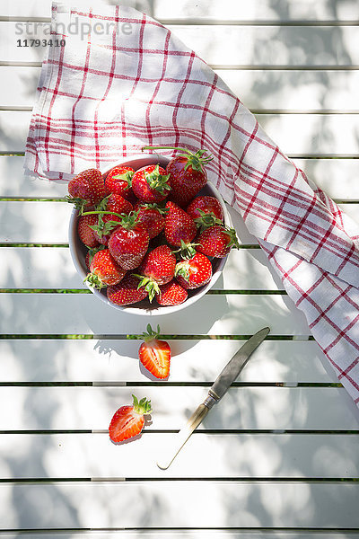 Schale mit Erdbeeren,  Messer und Küchentuch auf Gartentisch