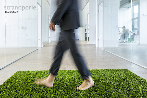 Ein reifer Geschäftsmann,  der barfuß auf einem Grasteppich im Büro läuft.