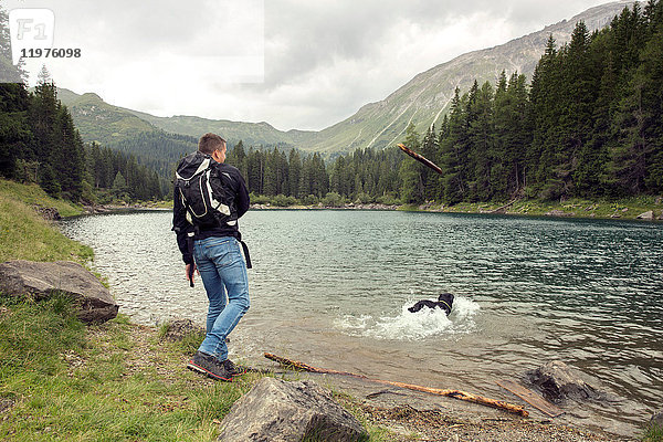 Mann mit Hund beim Wandern am See,  Tirol,  Steiermark,  Österreich,  Europa