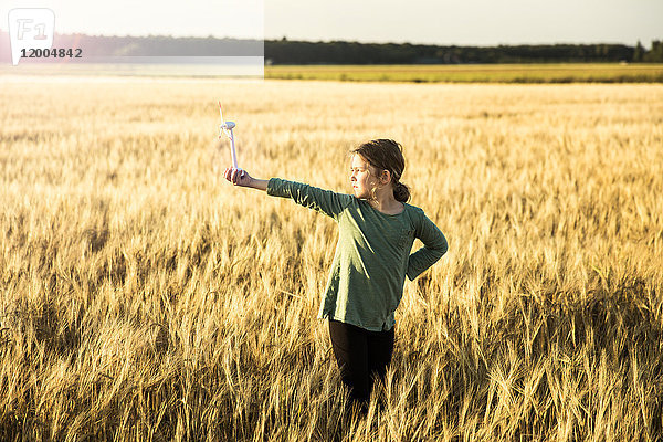 Mädchen im Getreidefeld stehend mit Miniatur-Windkraftanlage