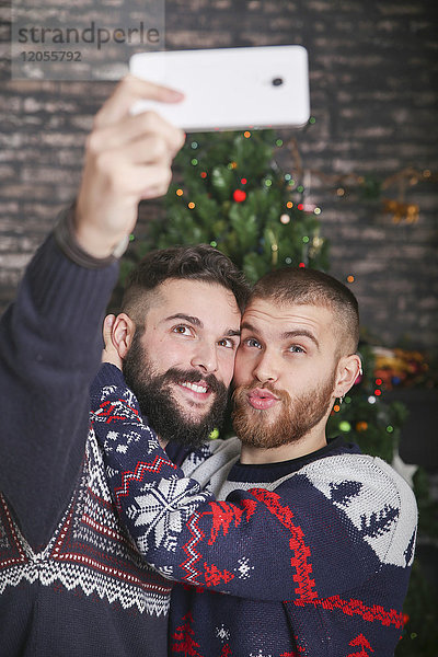 Porträt eines fröhlichen schwulen Paares,  das zu Hause mit dem Smartphone unterwegs ist.