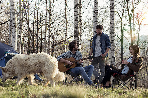 Freunde campen im Wald mit einem Mann,  der Gitarre spielt.