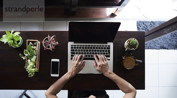 Overhead-Ansicht der Frau mit Laptop mit Handy und Pflanzen auf Holztisch
