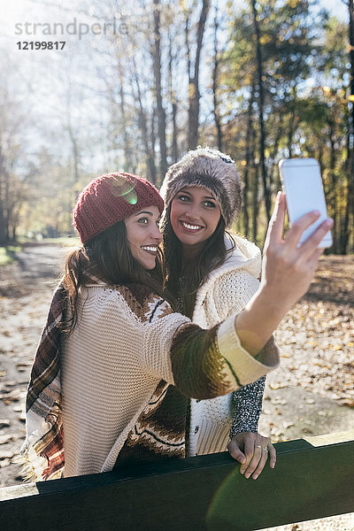 Zwei hübsche Frauen,  die einen Selfie in einem herbstlichen Wald nehmen.