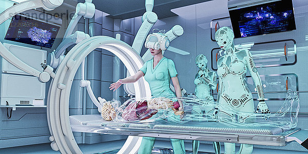 Arzt mit Virtual-Reality-Helm behandelt transparenten Patienten