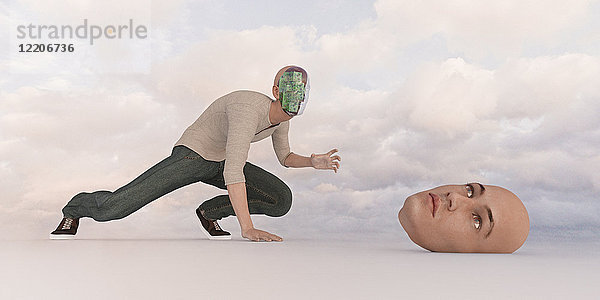 Robotermann auf der Suche nach abnehmbarer Gesichtsmaske