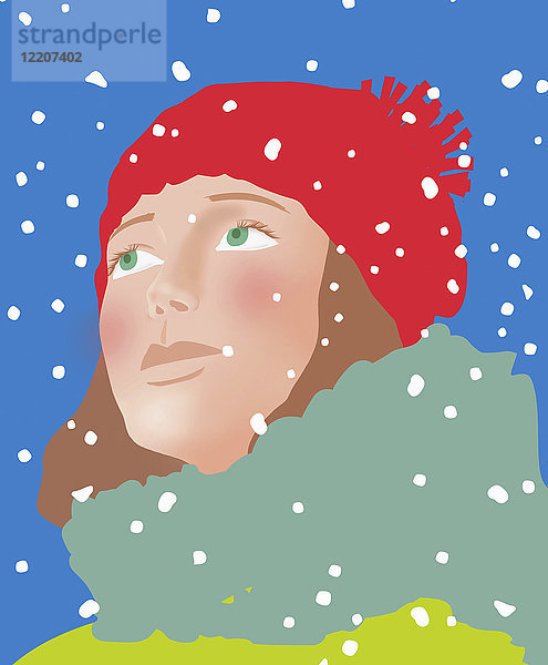 Nahaufnahme des Gesichts einer jungen Frau im Schnee