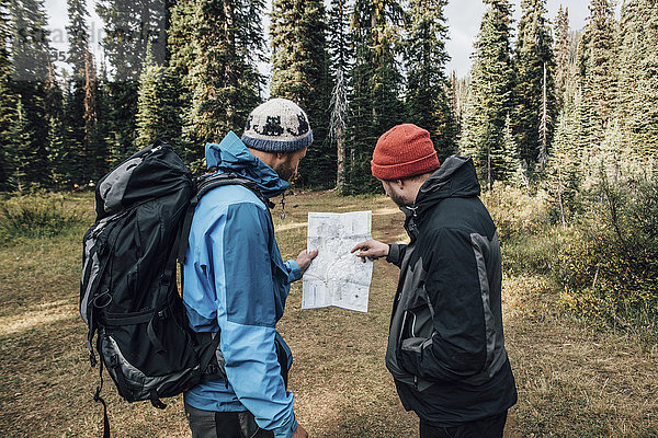 Kanada,  British Columbia,  Yoho Nationalpark,  zwei Wanderer beim Kartenlesen am Mount Burgess