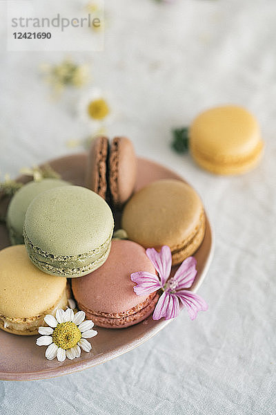 Macarons with blossoms in bowl