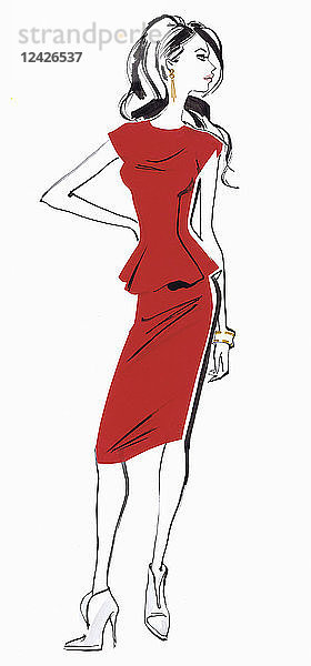 Modemodell posiert im engen roten Kleid
