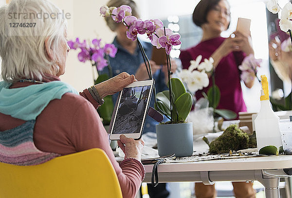 Active senior woman with digital tablet photographing orchid in flower arranging class