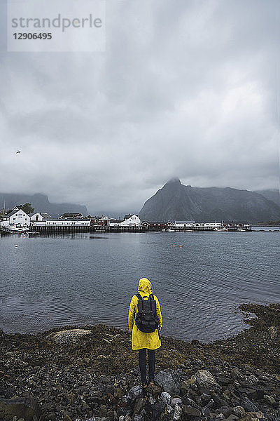 Norway,  Lofoten,  rear view of man standing at the coast