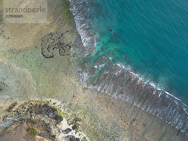 Indonesia,  Lombok,  Aerial view of beach,  banca boat