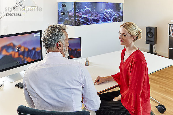 Two colleagues talking at desk in office