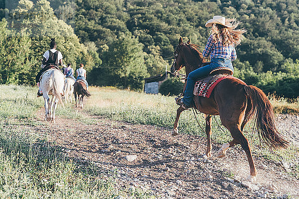 Junge Erwachsene reiten Pferde in ländlicher Landschaft,  Rückansicht,  Primaluna,  Trentino-Südtirol,  Italien