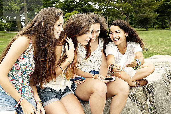 Teenager-Mädchen zeigt Freundinnen ein Handy,  während sie im Park sitzen
