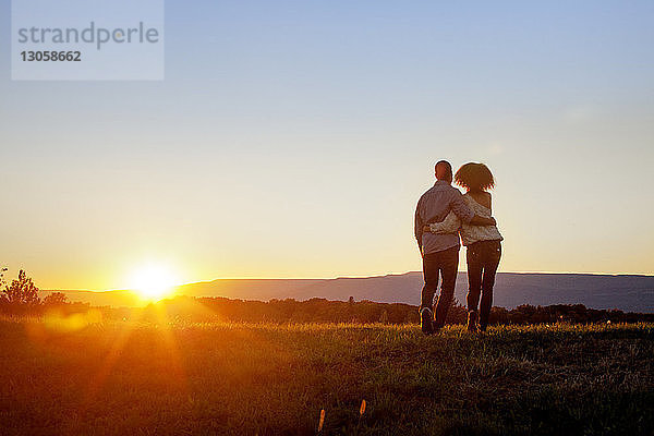 Rückansicht eines Paares,  das bei Sonnenuntergang auf Gras vor klarem Himmel steht