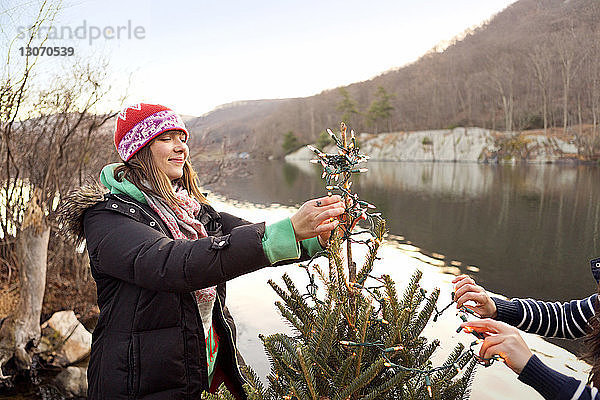 Freunde schmücken Weihnachtsbaum am Seeufer