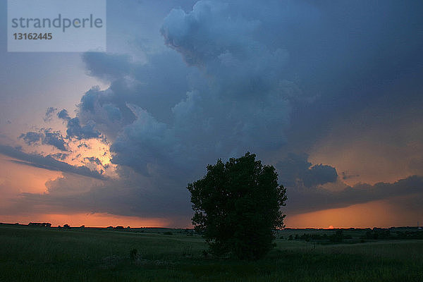 Eine niederschlagsarme Superzelle blickt am Horizont über die untergehende Sonne hinaus,  Garden City,  Kansas,  USA