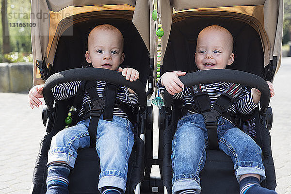 Porträt von kleinen Zwillingsbrüdern in Kinderwagen im Park