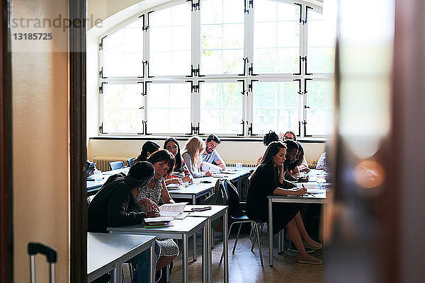 Multi-ethnische Studenten sitzen während des Sprachunterrichts am Schreibtisch