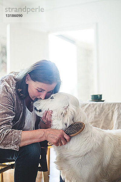 Liebevolle ältere Frau kämmt süßen Hund,  während sie zu Hause sitzt