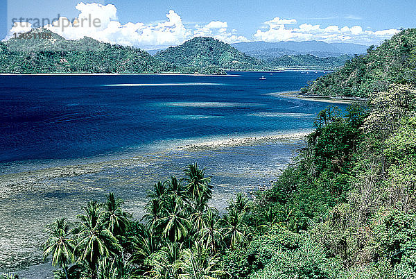 The coastline of the northern peninsula of Sulawesi,  Indonesia.