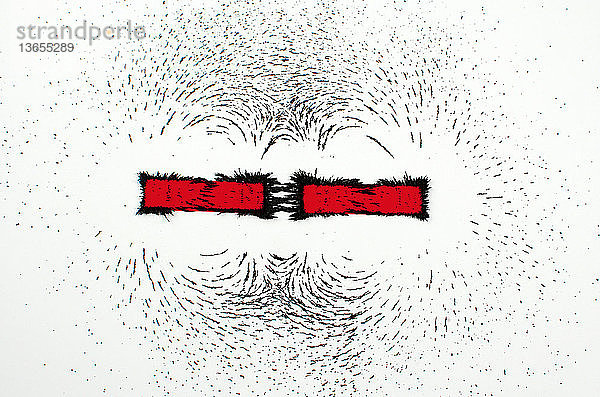 Iron filings placed on top of a piece of paper with two rectangular magnets underneath it. The magnets have north and south ends. In this photo,  the north and south sides of the magnets are facing each other,  causing a magnetic attraction.