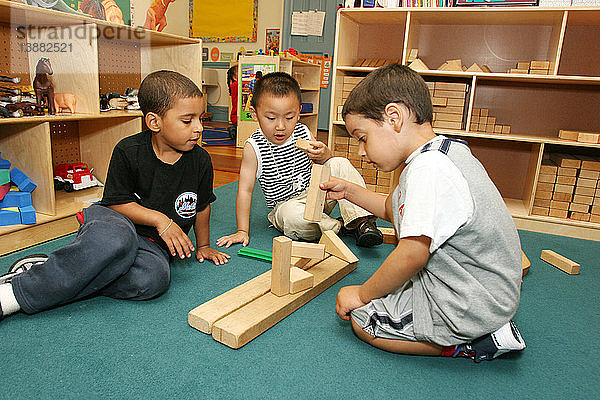 Boys Build with Blocks in Day Care