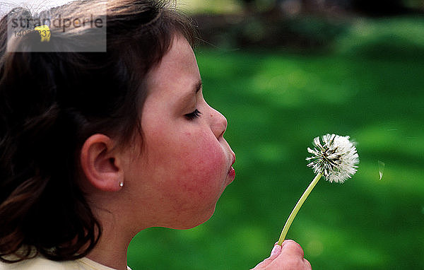 Girl blowing seeds from a dandelion