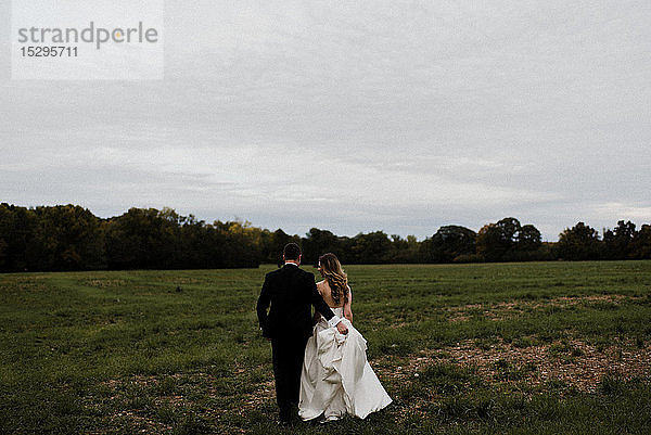 Romantischer junger Bräutigam mit Brautkleidschleppe im Feld,  Rückansicht