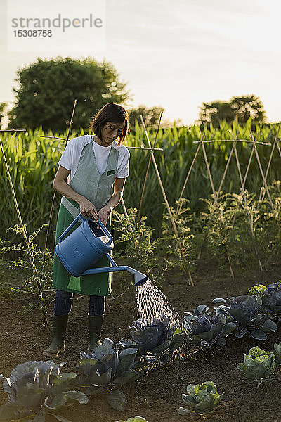 Frau bewässert Gemüsegarten